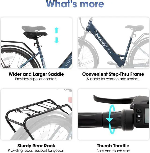 Alt view image 7 of 7 - HILAND Electric Bike for Adults 350W, 700C EBike for Men Women, 36V 7.8Ah Removable Battery, 7-Speed Commuter Cruiser Electric Bicycle, 20 MPH, Step-Through, Blue