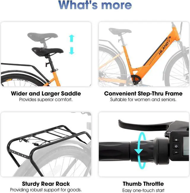 Alt view image 7 of 7 - HILAND Electric Bike for Adults 350W, 700C EBike for Men Women, 36V 7.8Ah Removable Battery, 7-Speed Commuter Cruiser Electric Bicycle, 20 MPH, Step-Through, Blue Orange