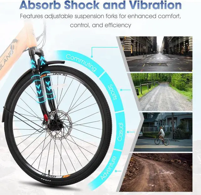 Alt view image 5 of 7 - HILAND Electric Bike for Adults 350W, 700C EBike for Men Women, 36V 7.8Ah Removable Battery, 7-Speed Commuter Cruiser Electric Bicycle, 20 MPH, Step-Through, Blue Orange