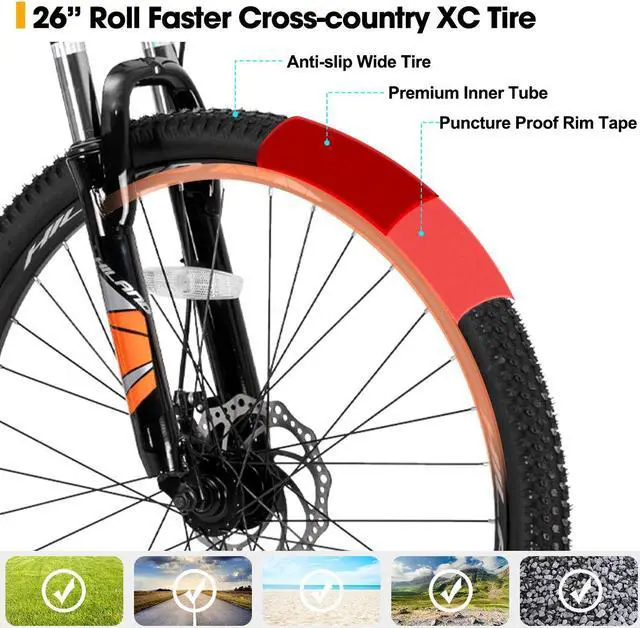 Alt view image 5 of 6 - HILAND Mountain Bike, 3/6/Multi-Spokes, 21 Speeds Drivetrain, Aluminum Frame 26 Inch Wheels, Disc-Brake Bike for Men Women Men's MTB Bicycle spoked wheel