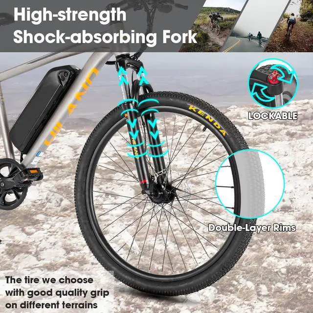 Alt view image 7 of 7 - HILAND 26" Electric Bike for Adults with 500W Brushless Motor, 40Miles 20MPH Commuting Electric Mountain Bike for Women Men, Removable Battery, 7-Speed, Front Fork Suspension, Grey