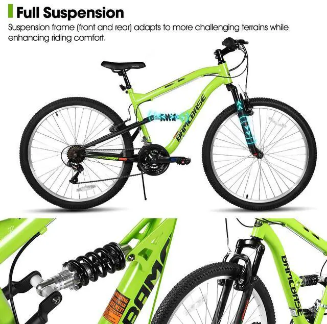 Alt view image 3 of 7 - HILAND 26 Inch Full Suspension Mountain Bike, 18-Speed High Carbon Steel Frame, Dual V-Brake MTB for Men Women Adult Bicycle Green
