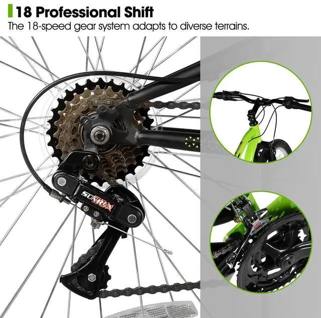 Alt view image 4 of 7 - HILAND 26 Inch Full Suspension Mountain Bike, 18-Speed High Carbon Steel Frame, Dual V-Brake MTB for Men Women Adult Bicycle Green