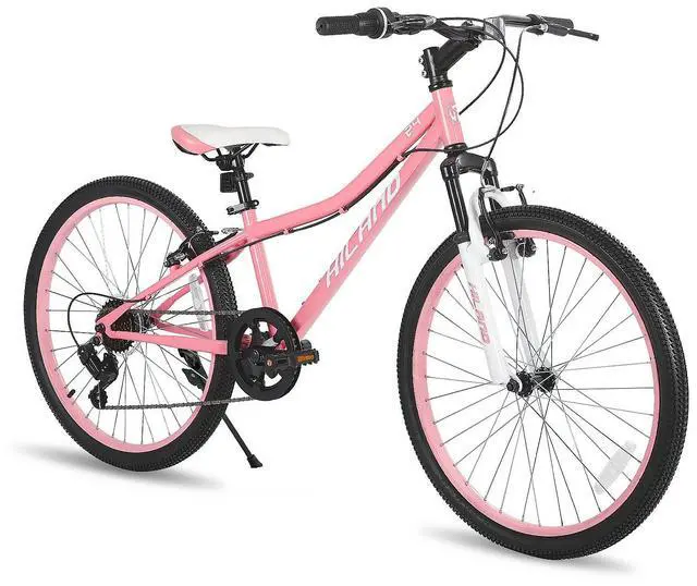 Main image of HILAND 24 Inch Mountain Bike for Boys Girls with Suspension Fork, HI-TEN Steel Frame, 7-Speed Kids' MTB Bicycle, Pink