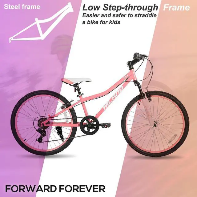 Alt view image 2 of 7 - HILAND 24 Inch Mountain Bike for Boys Girls with Suspension Fork, HI-TEN Steel Frame, 7-Speed Kids' MTB Bicycle, Pink