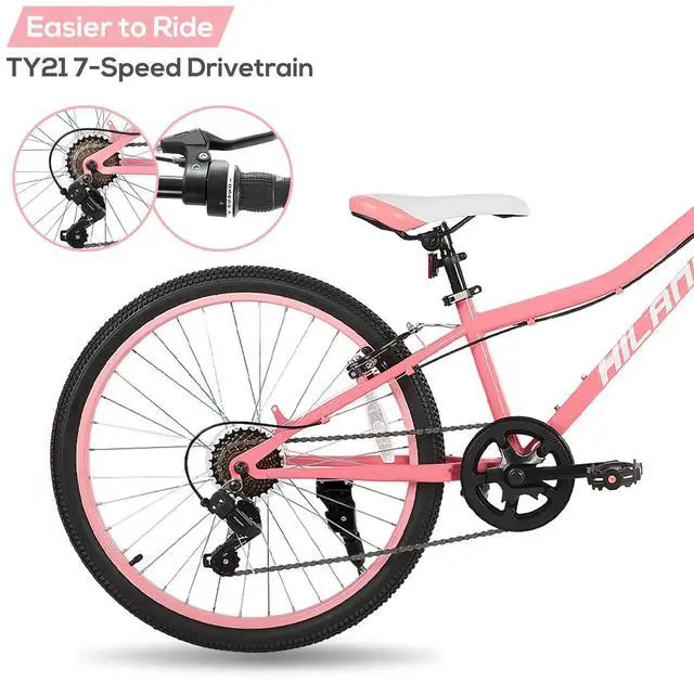 Alt view image 5 of 7 - HILAND 24 Inch Mountain Bike for Boys Girls with Suspension Fork, HI-TEN Steel Frame, 7-Speed Kids' MTB Bicycle, Pink