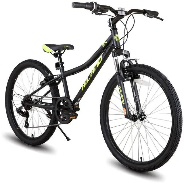 Main image of HILAND 24 Inch Mountain Bike for Boys Girls with Suspension Fork, HI-TEN Steel Frame, 7-Speed Kids' MTB Bicycle, Black