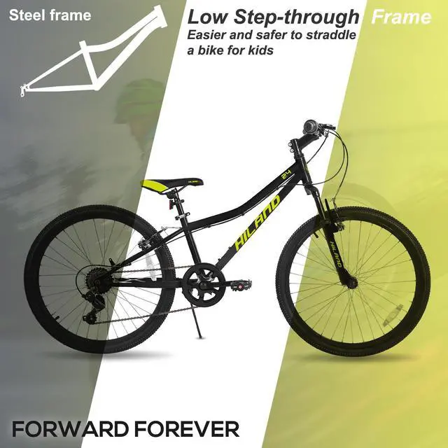 Alt view image 2 of 7 - HILAND 24 Inch Mountain Bike for Boys Girls with Suspension Fork, HI-TEN Steel Frame, 7-Speed Kids' MTB Bicycle, Black