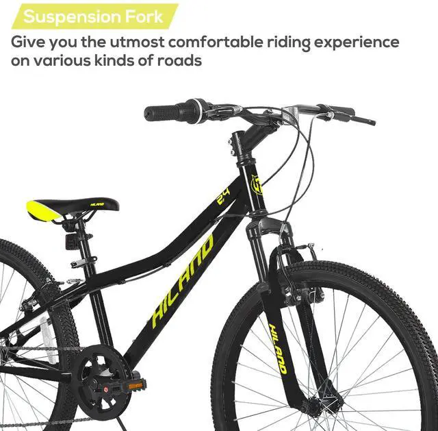 Alt view image 4 of 7 - HILAND 24 Inch Mountain Bike for Boys Girls with Suspension Fork, HI-TEN Steel Frame, 7-Speed Kids' MTB Bicycle, Black
