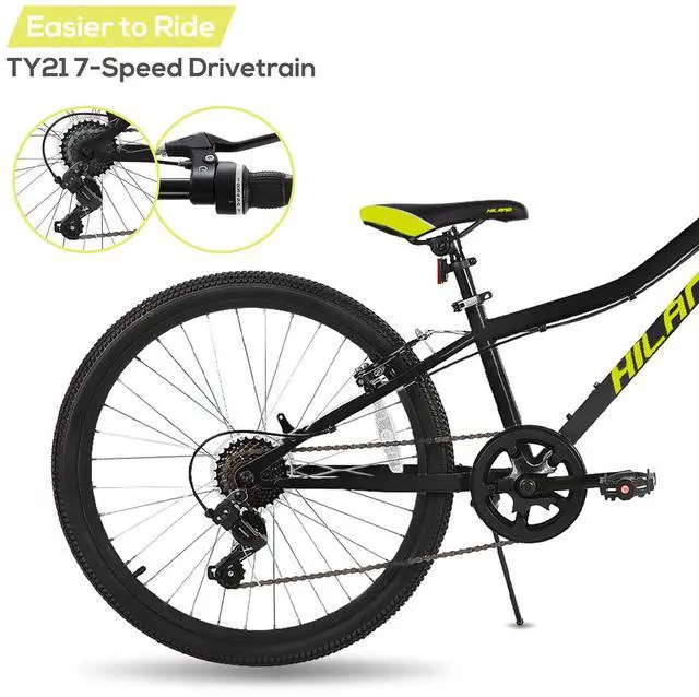 Alt view image 5 of 7 - HILAND 24 Inch Mountain Bike for Boys Girls with Suspension Fork, HI-TEN Steel Frame, 7-Speed Kids' MTB Bicycle, Black