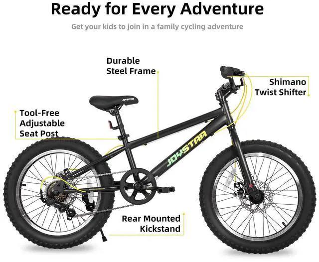 Alt view image 3 of 7 - JOYSTAR 20 Inch Mountain Bike for Kids Ages 7-13, 7 Speed Disc Brakes MTB, Fat Tire Kids Bicycles for Boys Girls, Black