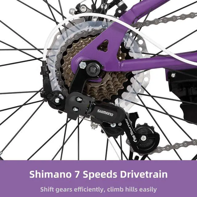 Alt view image 5 of 7 - JOYSTAR 20 Inch Mountain Bike for Kids Ages 7-13, 7 Speed Disc Brakes MTB, Fat Tire Kids Bicycles for Boys Girls, Purple