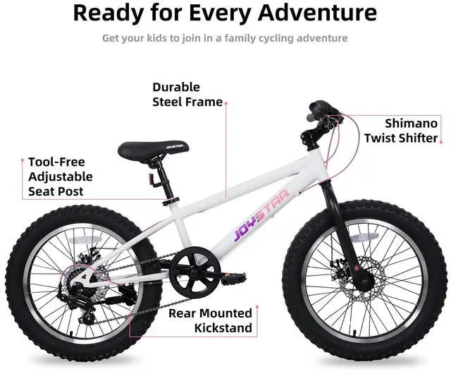 Alt view image 2 of 7 - JOYSTAR 20 Inch Mountain Bike for Kids Ages 7-13, 7 Speed Disc Brakes MTB, Fat Tire Kids Bicycles for Boys Girls, White