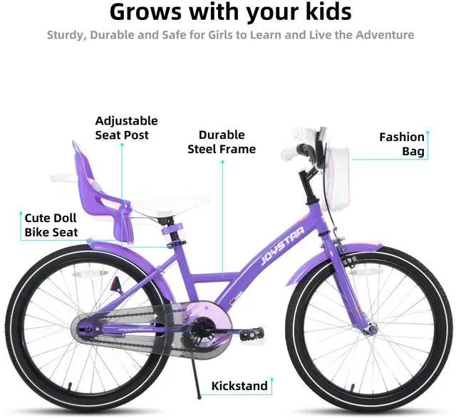 Alt view image 2 of 7 - JOYSTAR Zinnia 20" Kids Bike for Ages 7-13 Girls, Children's Bicycle with Training Wheels & Doll Seat, Purple