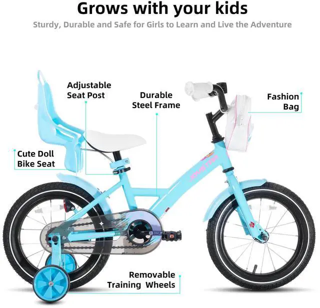 Alt view image 2 of 7 - JOYSTAR Zinnia 16" Kids Bike for Ages 4-7 Girls, Children's Bicycle with Training Wheels & Doll Seat, Blue