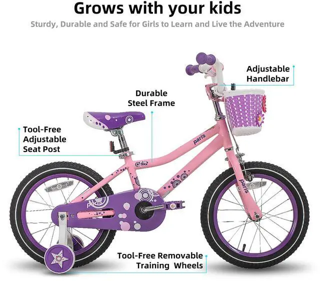 Alt view image 2 of 7 - JOYSTAR Paris Girls Bike for Ages 10+, 20 Inch Kids Bike with Training Wheels, Basket and Handbrake, Purple Pink