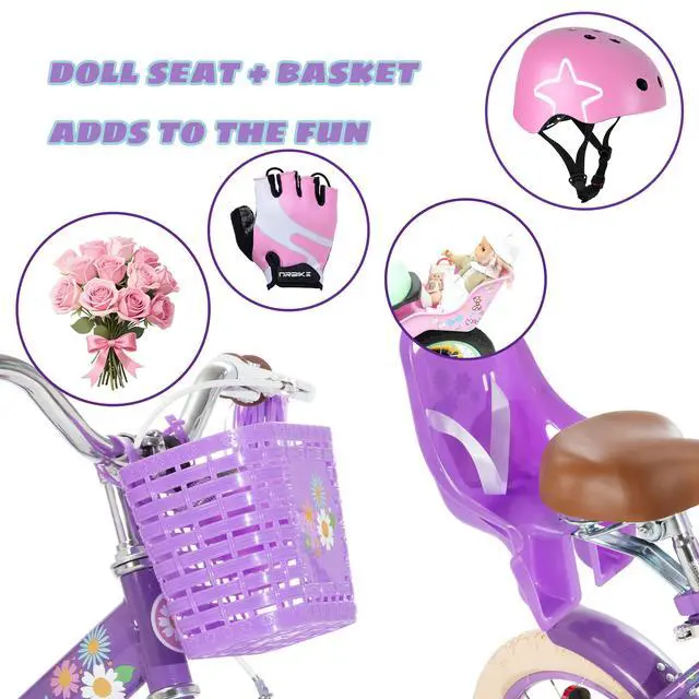 Alt view image 4 of 7 - JOYSTAR Little Daisy 12" Kids Bike for Girls Boys Ages 2-4, Children's Bicycle with Doll Seat & Streamers, Purple