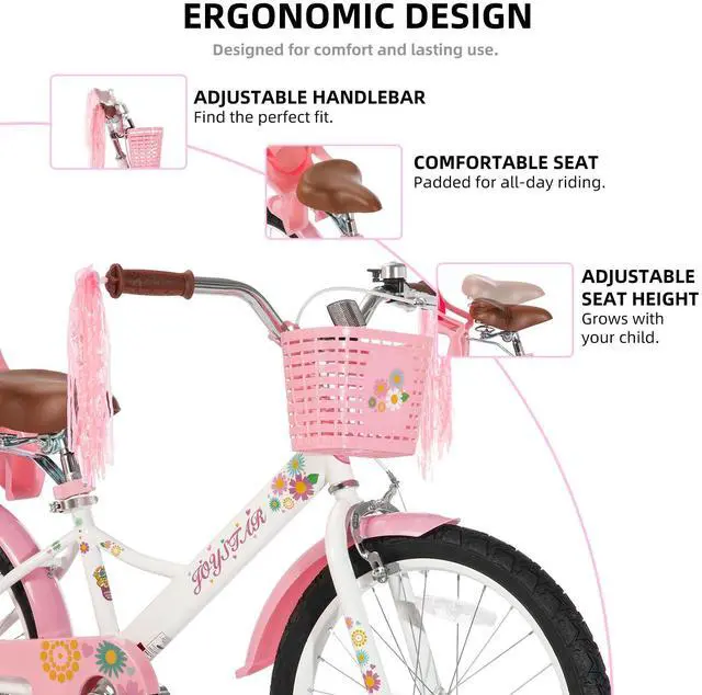 Alt view image 4 of 7 - JOYSTAR Little Daisy 20" Kids Bike for Girls Boys Ages 8+, Children's Bicycle with Doll Seat & Streamers, White