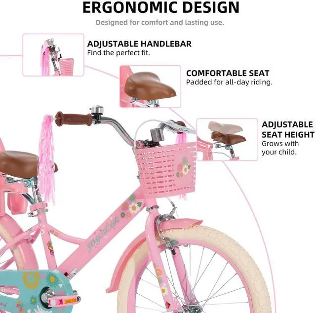 Alt view image 4 of 7 - JOYSTAR Little Daisy 20" Kids Bike for Girls Boys Ages 8+, Children's Bicycle with Doll Seat & Streamers, Pink