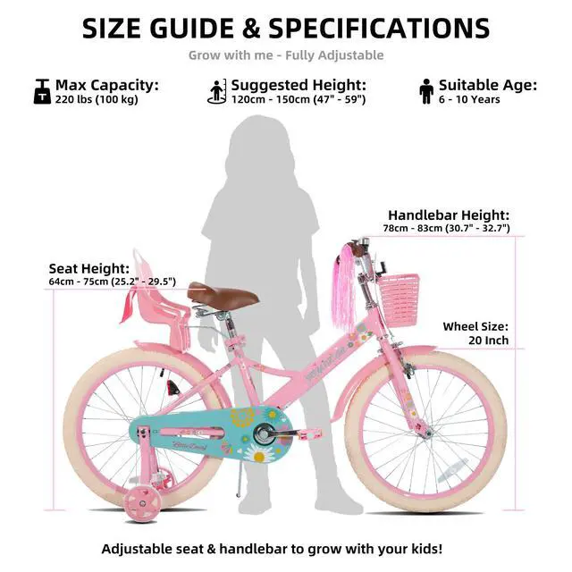 Alt view image 6 of 7 - JOYSTAR Little Daisy 20" Kids Bike for Girls Boys Ages 8+, Children's Bicycle with Doll Seat & Streamers, Pink