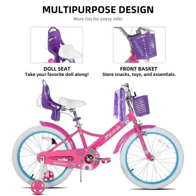 Alt view image 2 of 7 - JOYSTAR Little Daisy 20" Kids Bike for Girls Boys Ages 8+, Children's Bicycle with Doll Seat & Streamers, Purple Pink