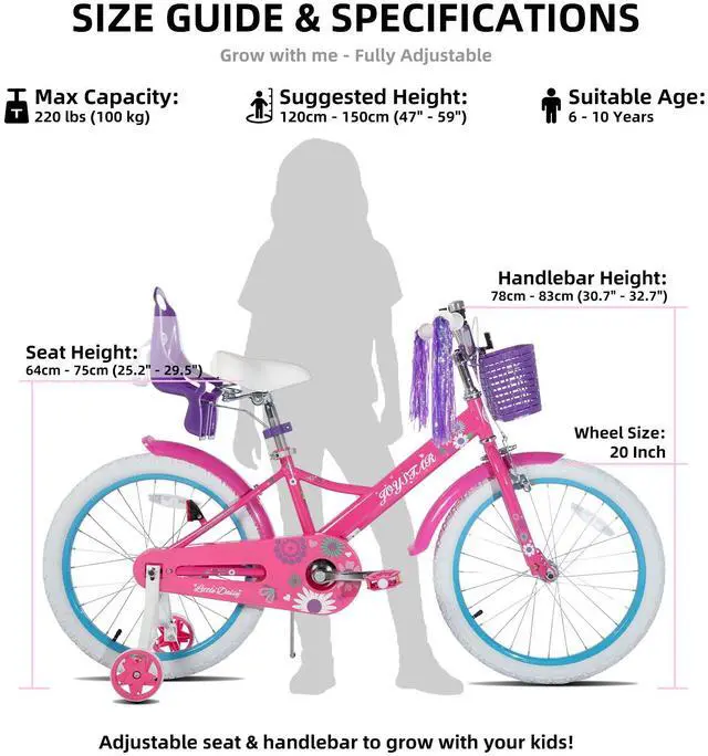 Alt view image 6 of 7 - JOYSTAR Little Daisy 20" Kids Bike for Girls Boys Ages 8+, Children's Bicycle with Doll Seat & Streamers, Purple Pink