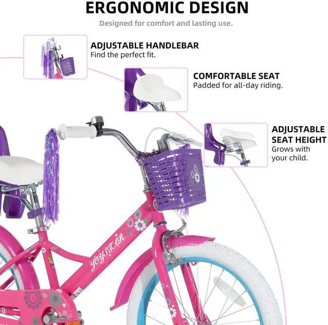 Alt view image 4 of 7 - JOYSTAR Little Daisy 20" Kids Bike for Girls Boys Ages 8+, Children's Bicycle with Doll Seat & Streamers, Purple Pink