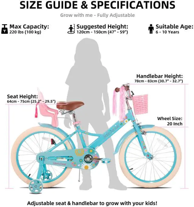 Alt view image 6 of 7 - JOYSTAR Little Daisy 20" Kids Bike for Girls Boys Ages 8+, Children's Bicycle with Doll Seat & Streamers, Blue