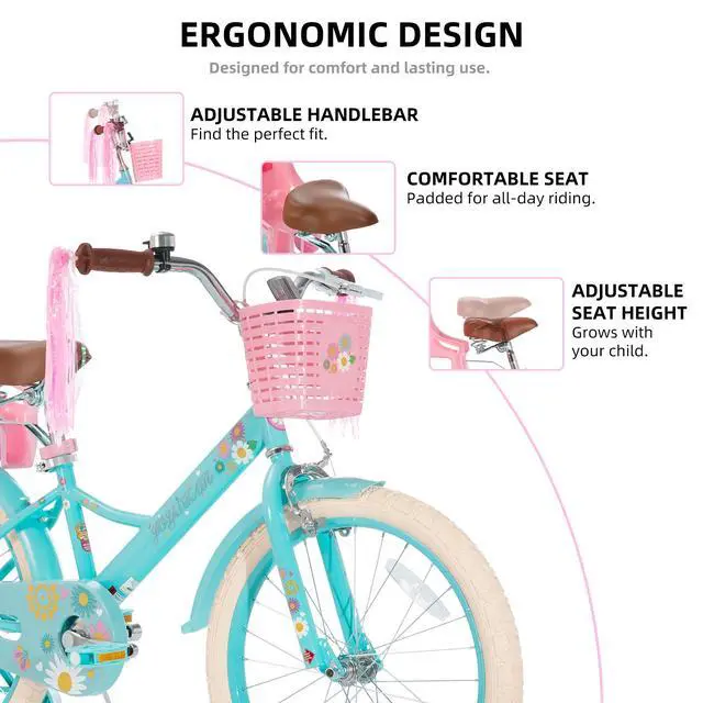 Alt view image 4 of 7 - JOYSTAR Little Daisy 20" Kids Bike for Girls Boys Ages 8+, Children's Bicycle with Doll Seat & Streamers, Blue