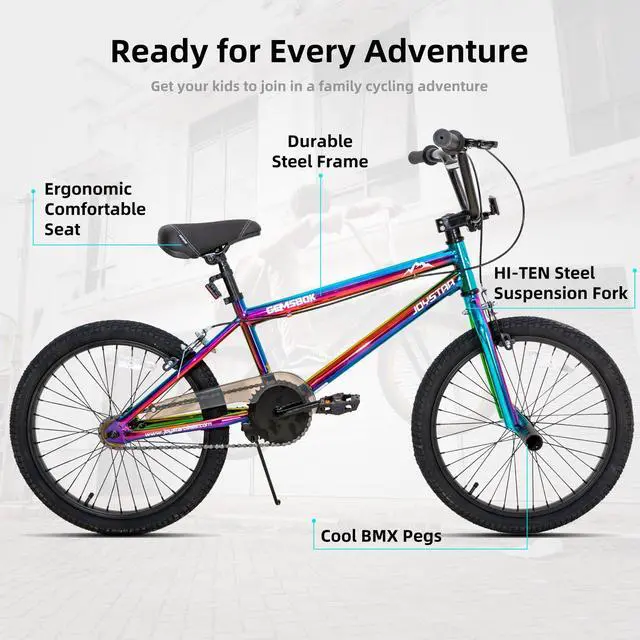 Alt view image 2 of 7 - JOYSTAR 20 Inch Kids BMX Bike for Boys Girls Ages 7-12, Freestyle Bicycle for Beginner Level Riders with 2 Pegs, Rainbow Multicolor 24"