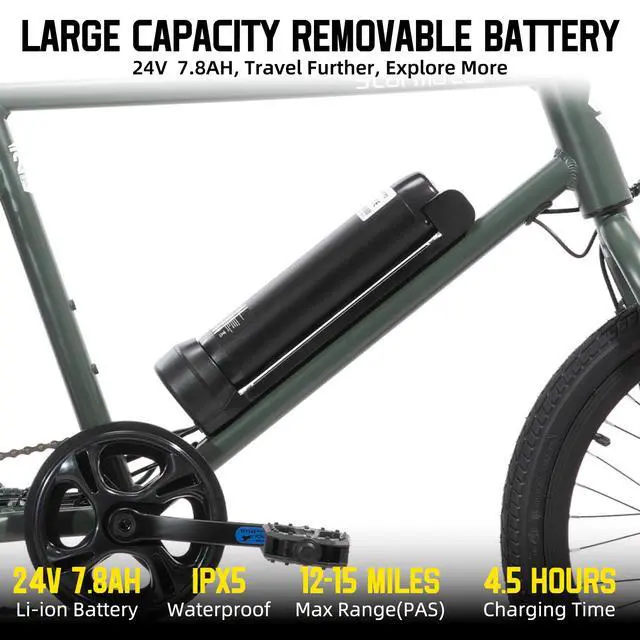 Alt view image 3 of 5 - JOYSTAR Starmoto 20" Electric Bike 250W Brushless Motor, Removable Battery, 15.5MPH, Dark Green