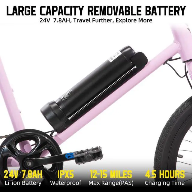 Alt view image 3 of 5 - JOYSTAR Starmoto 20" Electric Bike 250W Brushless Motor, Removable Battery, 15.5MPH, Pink