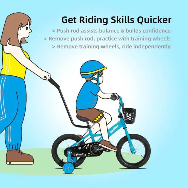 Alt view image 5 of 7 - JOYSTAR Voyager 14" Kids Bike for Boy Girl Ages 1-3, Training Wheels & Detachable Parent Push Handle, Children Bike Red Blue 14 Inch