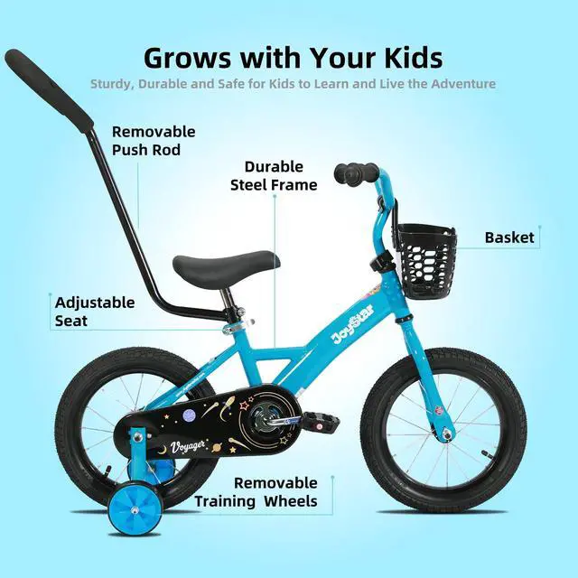 Alt view image 4 of 7 - JOYSTAR Voyager 14" Kids Bike for Boy Girl Ages 1-3, Training Wheels & Detachable Parent Push Handle, Children Bike Red Blue 14 Inch