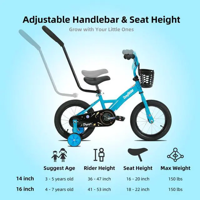 Alt view image 7 of 7 - JOYSTAR Voyager 14" Kids Bike for Boy Girl Ages 1-3, Training Wheels & Detachable Parent Push Handle, Children Bike Red Blue 14 Inch