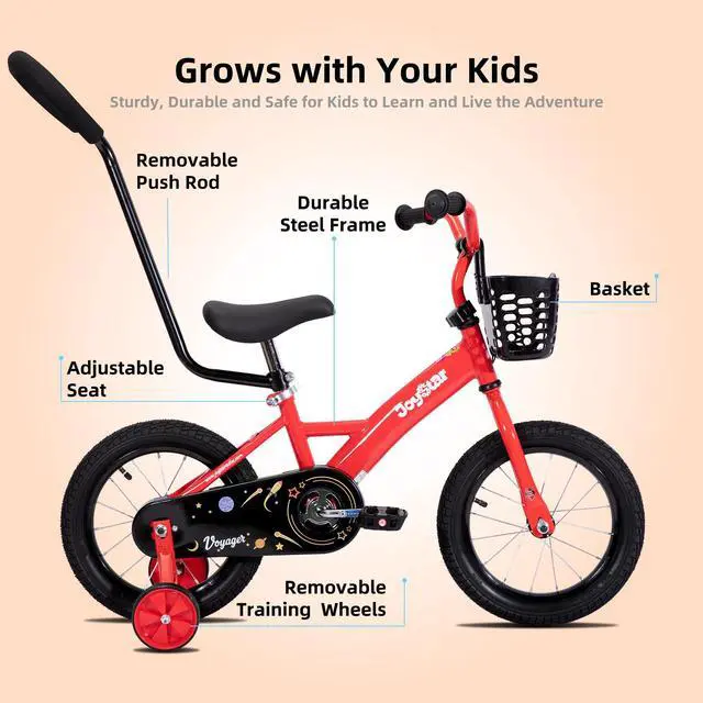 Alt view image 3 of 7 - JOYSTAR Voyager 10" Kids Bike for Boy Girl Ages 1-3, Training Wheels & Detachable Parent Push Handle, Children Bike Red Red 16 Inch