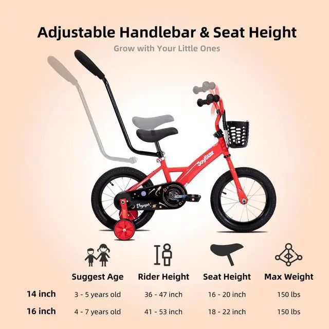 Alt view image 6 of 7 - JOYSTAR Voyager 10" Kids Bike for Boy Girl Ages 1-3, Training Wheels & Detachable Parent Push Handle, Children Bike Red Red 16 Inch
