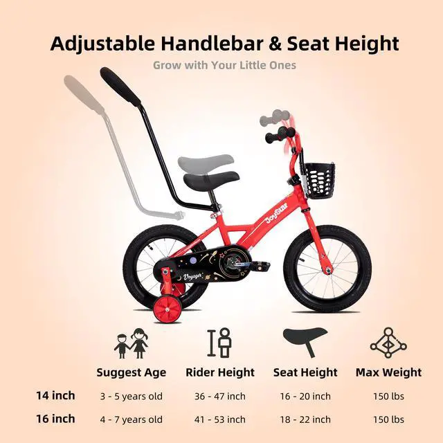 Alt view image 7 of 7 - JOYSTAR Voyager 10" Kids Bike for Boy Girl Ages 1-3, Training Wheels & Detachable Parent Push Handle, Children Bike Red Red 14 Inch