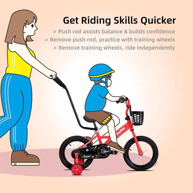 Alt view image 5 of 7 - JOYSTAR Voyager 10" Kids Bike for Boy Girl Ages 1-3, Training Wheels & Detachable Parent Push Handle, Children Bike Red Red 14 Inch