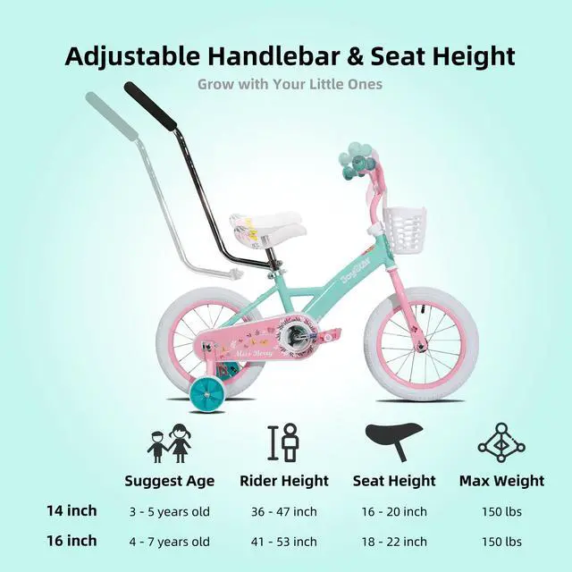 Alt view image 5 of 6 - JOYSTAR Voyager 10" Kids Bike for Boy Girl Ages 1-3, Training Wheels & Detachable Parent Push Handle, Children Bike Red Green 14 Inch