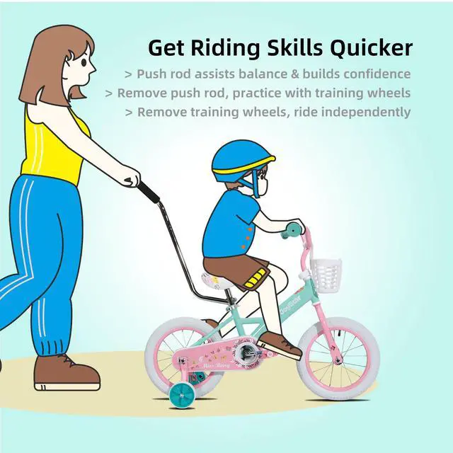 Alt view image 3 of 6 - JOYSTAR Voyager 10" Kids Bike for Boy Girl Ages 1-3, Training Wheels & Detachable Parent Push Handle, Children Bike Red Green 16 Inch