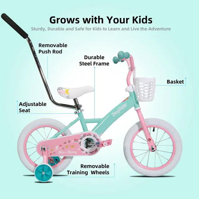 Alt view image 2 of 6 - JOYSTAR Voyager 10" Kids Bike for Boy Girl Ages 1-3, Training Wheels & Detachable Parent Push Handle, Children Bike Red Green 16 Inch