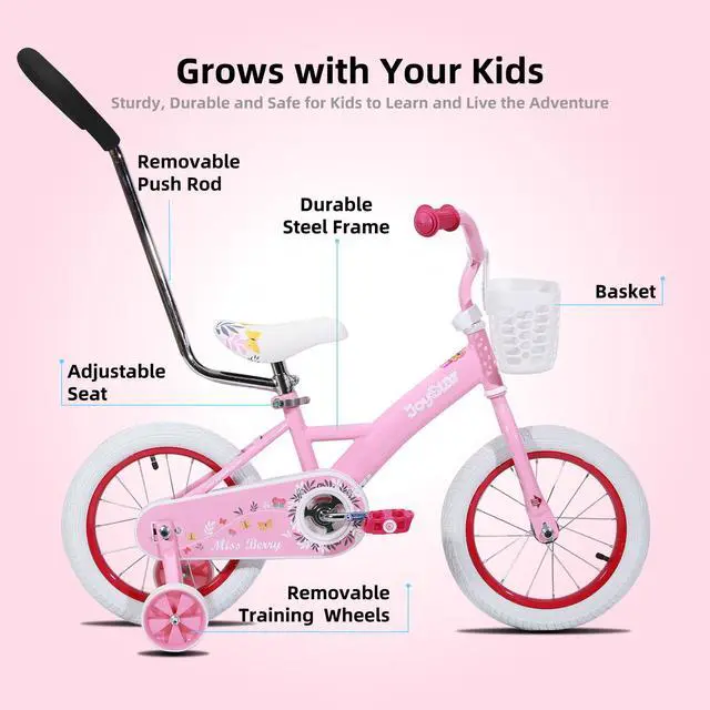 Alt view image 2 of 7 - JOYSTAR Voyager 10" Kids Bike for Boy Girl Ages 1-3, Training Wheels & Detachable Parent Push Handle, Children Bike Red Pink 14 Inch