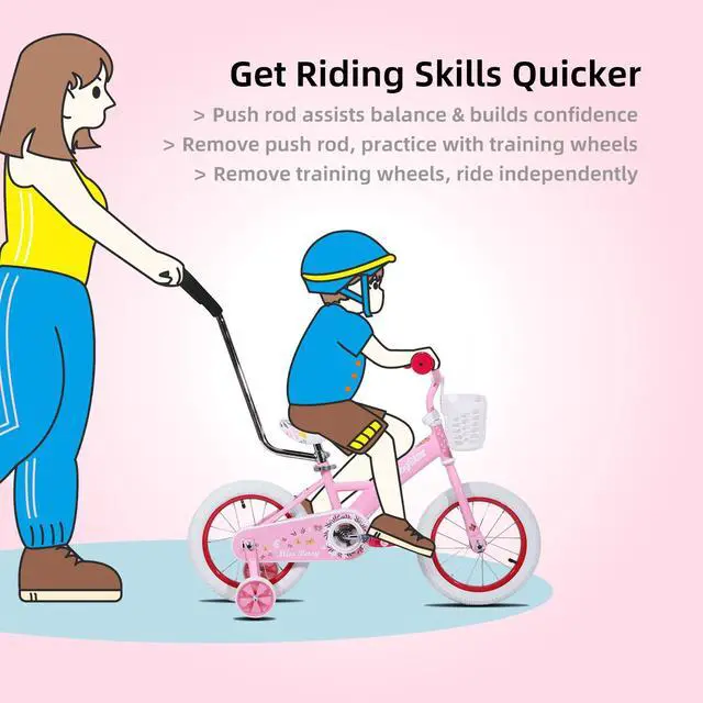 Alt view image 3 of 7 - JOYSTAR Voyager 10" Kids Bike for Boy Girl Ages 1-3, Training Wheels & Detachable Parent Push Handle, Children Bike Red Pink 14 Inch