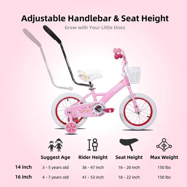 Alt view image 5 of 7 - JOYSTAR Voyager 10" Kids Bike for Boy Girl Ages 1-3, Training Wheels & Detachable Parent Push Handle, Children Bike Red Pink 16 Inch