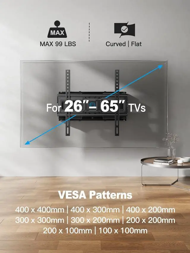 Alt view image 3 of 7 - Pipishell TV Wall Mount for 26-65 inch LED LCD OLED 4K TVs up to 99lbs, Full Motion TV Mount Bracket Articulating Swivel Extension Tilting Leveling Max VESA 400x400mm, Fits 12/16 Inch Wood Studs