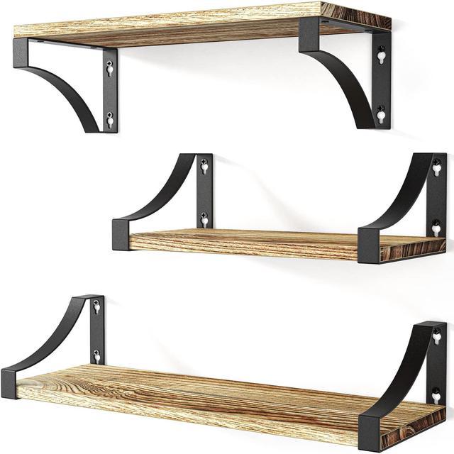 Set of 3 Rustic Wood Floating Shelves with Sturdy Metal Frame, Supporting Up to 55lbs, Ideal for Bedroom, Bathroom, Living Room, Kitchen - Perfect for