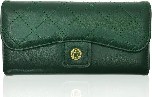 Main image of Sophisticated Womens Trifold Wallet - Long Clutch Style, PU Leather, Essential Organizers, Timeless Black Green