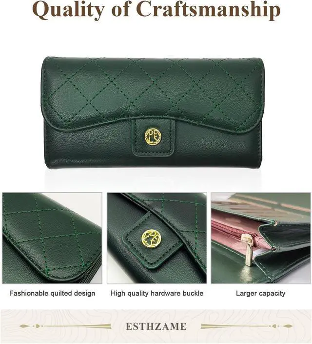Alt view image 4 of 6 - Sophisticated Womens Trifold Wallet - Long Clutch Style, PU Leather, Essential Organizers, Timeless Black Green