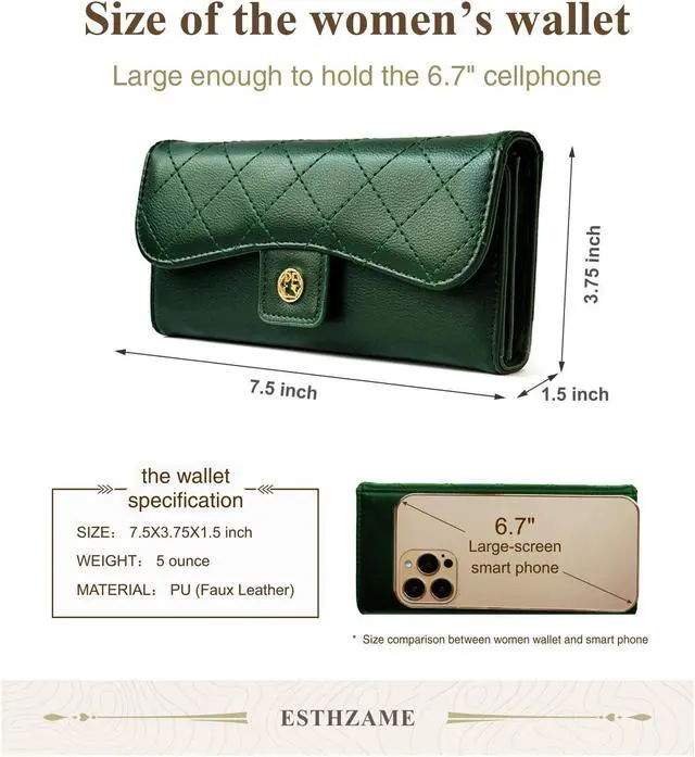 Alt view image 5 of 6 - Sophisticated Womens Trifold Wallet - Long Clutch Style, PU Leather, Essential Organizers, Timeless Black Green